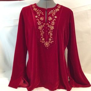 VTG Beautiful vibrant color soft velvet fabric blouse by August Silk Size XL